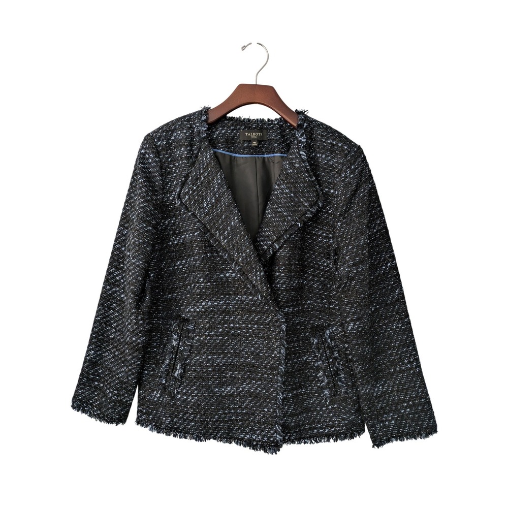 Talbots Petites Blazer Jacket Fringe Trim Sz 14P Black Blue Metallic Pockets - Picture 1 of 8